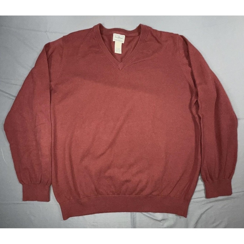 L.L.Bean Sweater Mens XL Solid Red V Neck Cotton Cashmere Knit Pullover Classic